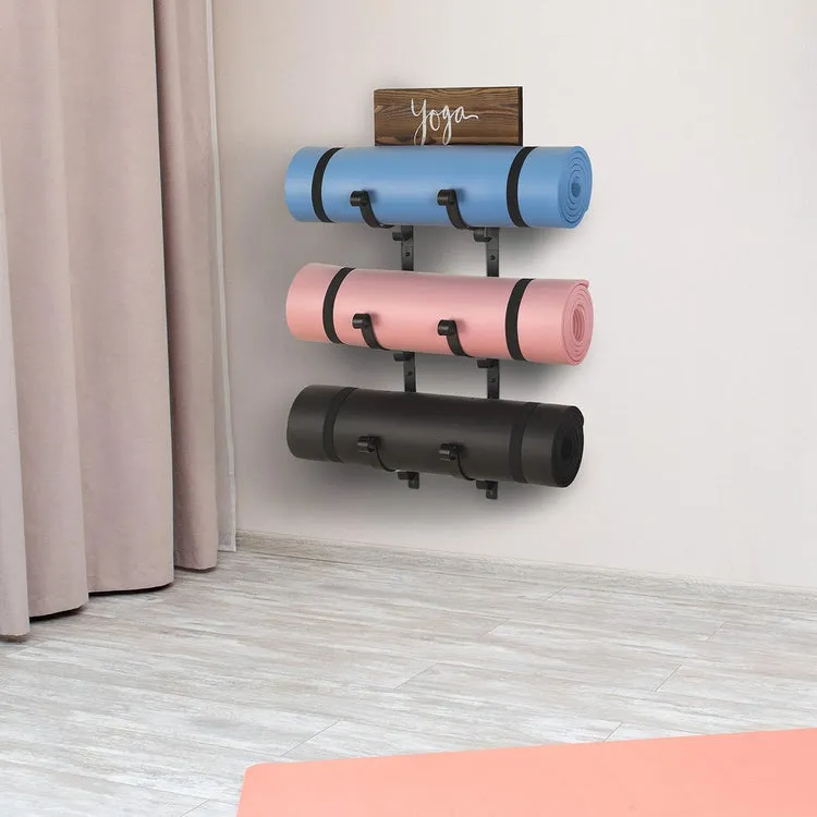 Wall Mounted Black Metal 3-Tier Yoga Mat Rack, Exercise Mat, Foam Roller Holder with Burnt Wood "yoga" Sign