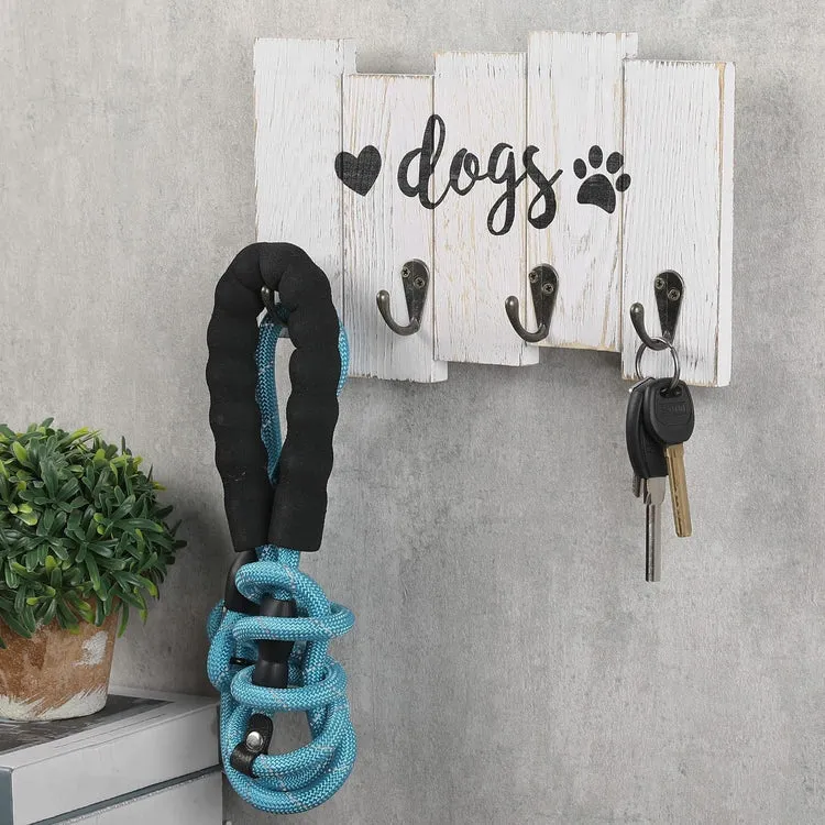 Wall Mounted Dog Leash Holder, Whitewashed Wood Hanging Key Hook Rack with Cursive DOGS Label, Heart and Paw Print Decal