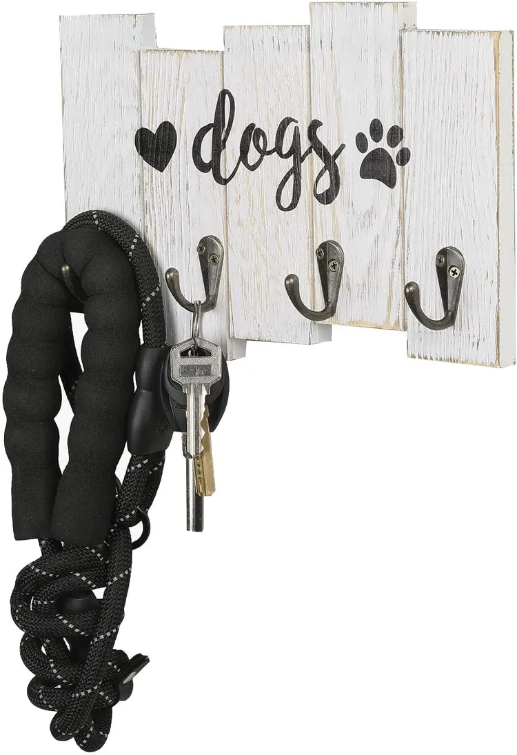Wall Mounted Dog Leash Holder, Whitewashed Wood Hanging Key Hook Rack with Cursive DOGS Label, Heart and Paw Print Decal