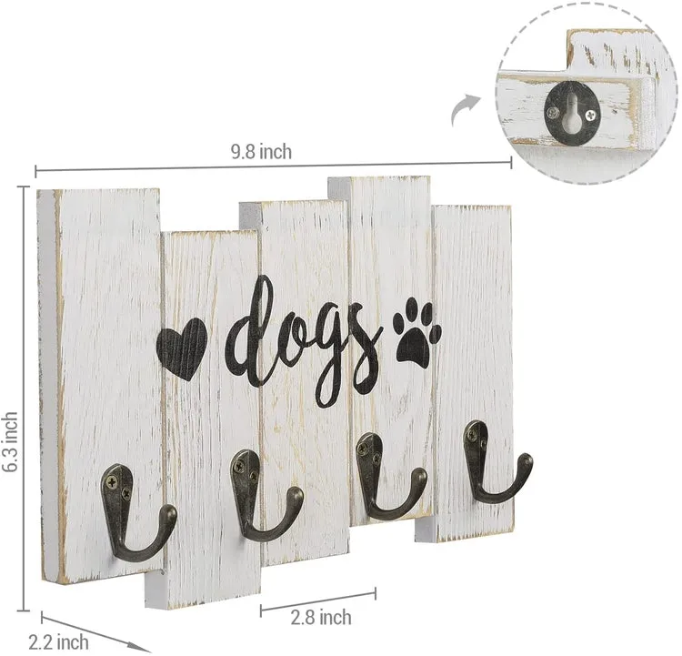 Wall Mounted Dog Leash Holder, Whitewashed Wood Hanging Key Hook Rack with Cursive DOGS Label, Heart and Paw Print Decal