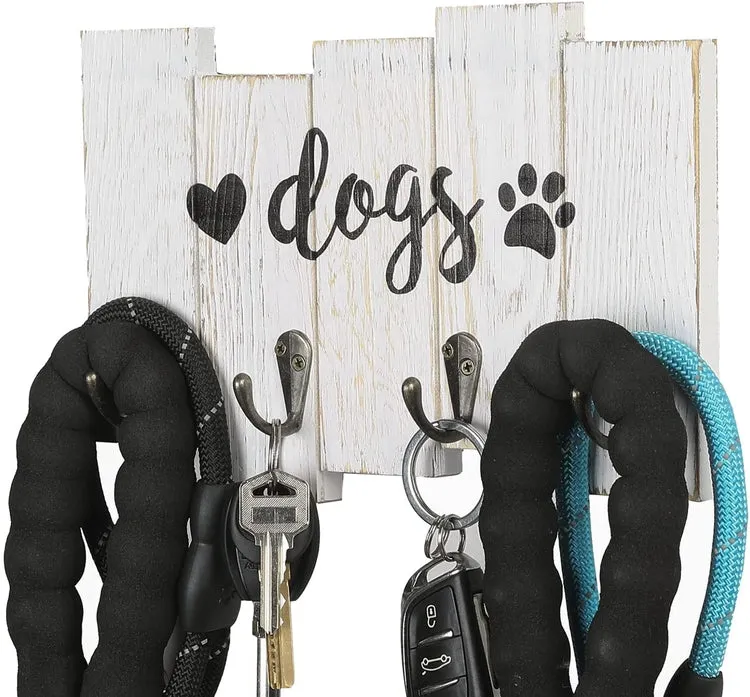 Wall Mounted Dog Leash Holder, Whitewashed Wood Hanging Key Hook Rack with Cursive DOGS Label, Heart and Paw Print Decal