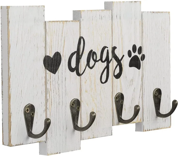 Wall Mounted Dog Leash Holder, Whitewashed Wood Hanging Key Hook Rack with Cursive DOGS Label, Heart and Paw Print Decal