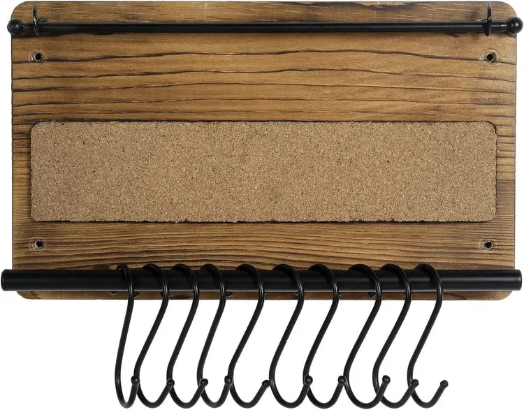 Wall Mounted Jewelry Organizer, Burnt Wood and Black Metal Necklace Holder, Bracelet, Earring Display Rack with S-Hooks