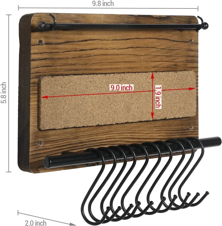 Wall Mounted Jewelry Organizer, Burnt Wood and Black Metal Necklace Holder, Bracelet, Earring Display Rack with S-Hooks