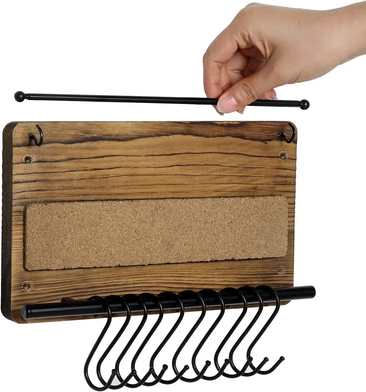 Wall Mounted Jewelry Organizer, Burnt Wood and Black Metal Necklace Holder, Bracelet, Earring Display Rack with S-Hooks