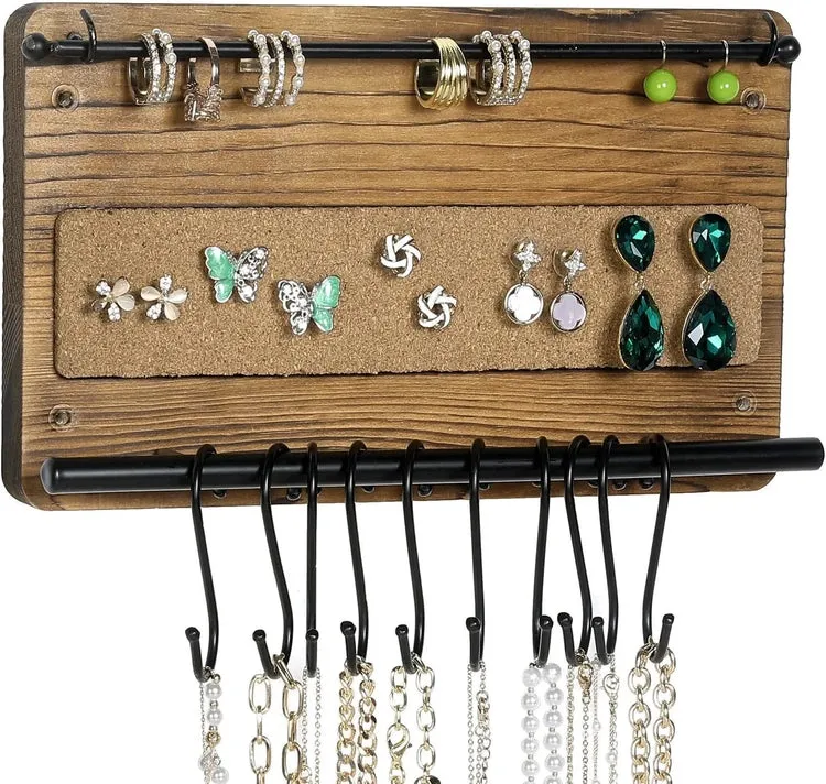 Wall Mounted Jewelry Organizer, Burnt Wood and Black Metal Necklace Holder, Bracelet, Earring Display Rack with S-Hooks