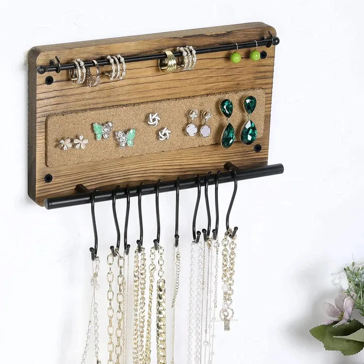 Wall Mounted Jewelry Organizer, Burnt Wood and Black Metal Necklace Holder, Bracelet, Earring Display Rack with S-Hooks