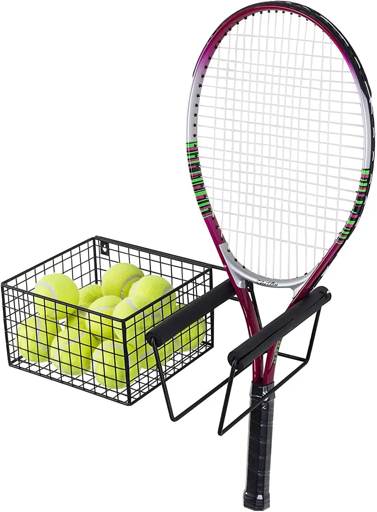 Wall Mounted Metal Tennis Racket Holder with Ball Storage Basket