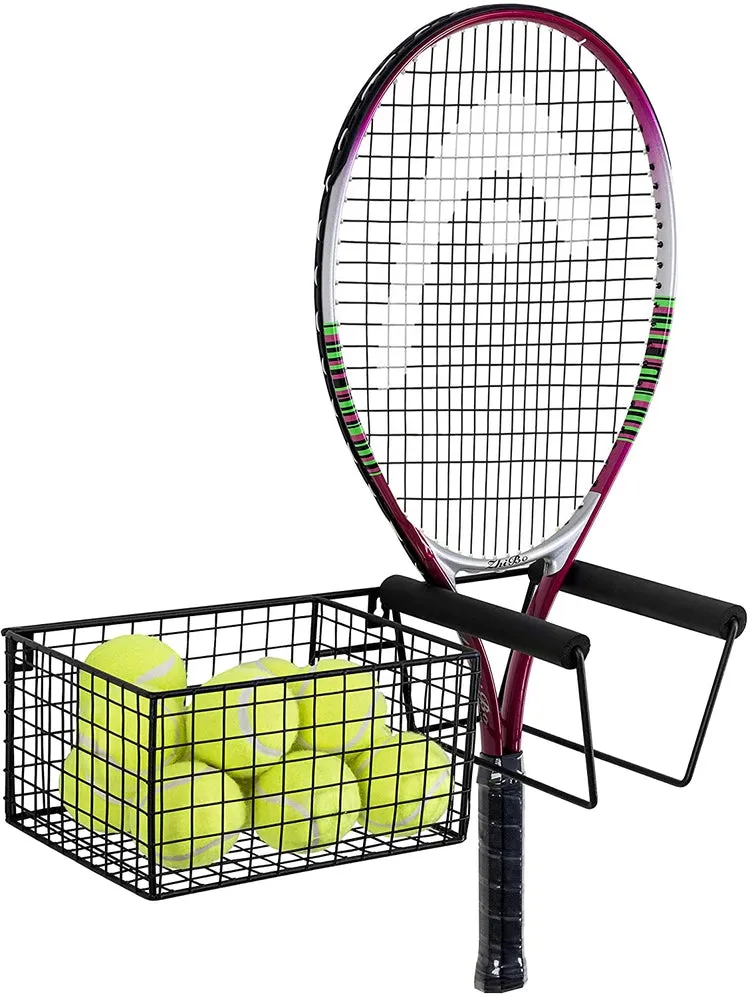 Wall Mounted Metal Tennis Racket Holder with Ball Storage Basket