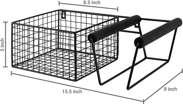 Wall Mounted Metal Tennis Racket Holder with Ball Storage Basket