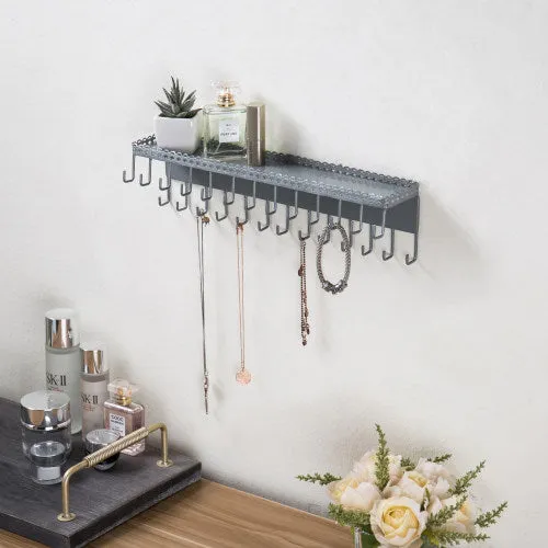 Wall-Mounted Silver Jewelry Organizer with Display Shelf