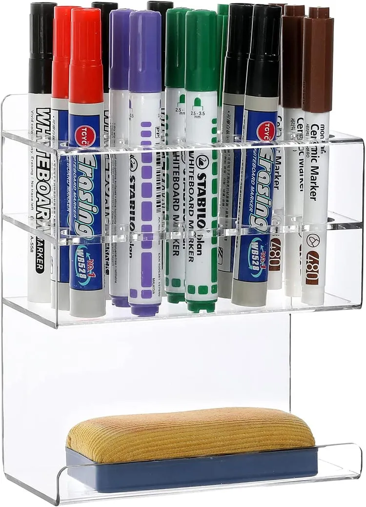 Wall Mounted Tiered Clear Acrylic Dry Erase Whiteboard Marker and Eraser Storage Holder Stand