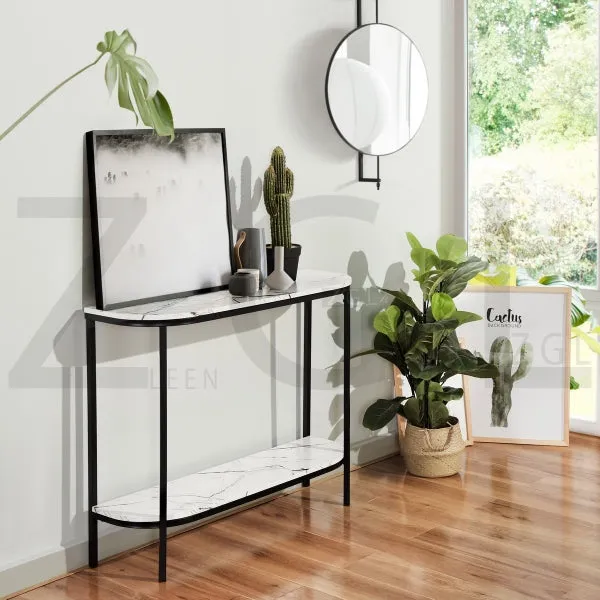 White Manufactured Wood Top Half Moon Black Metal Frame Console Table- Model Adria