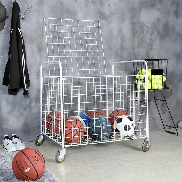 White Standard Multi Sports Rolling Ball Metal Storage Bin For Basketball, Football, Soccer Portable Equipment Cart