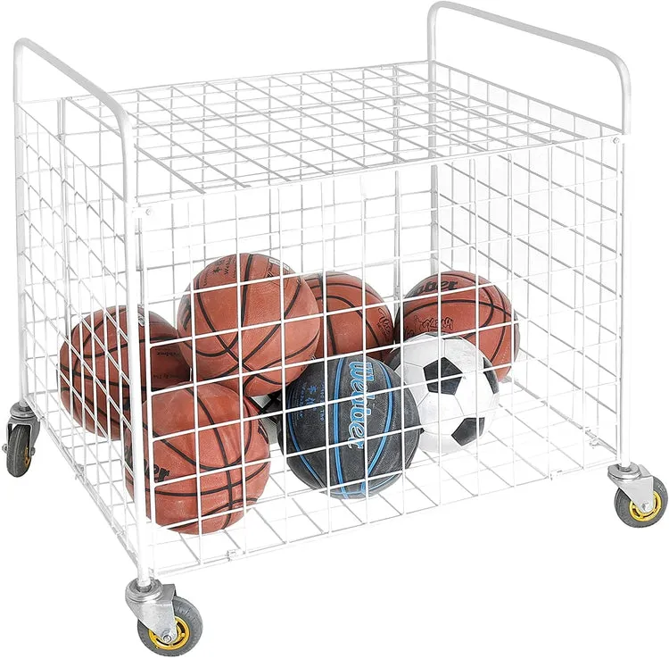 White Standard Multi Sports Rolling Ball Metal Storage Bin For Basketball, Football, Soccer Portable Equipment Cart
