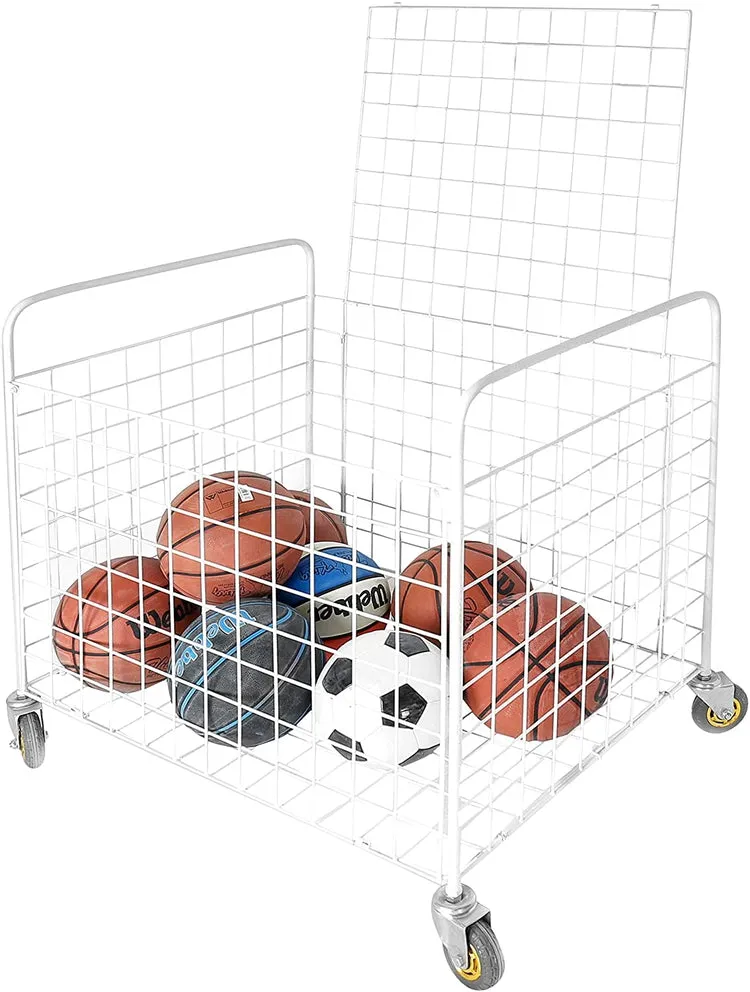White Standard Multi Sports Rolling Ball Metal Storage Bin For Basketball, Football, Soccer Portable Equipment Cart