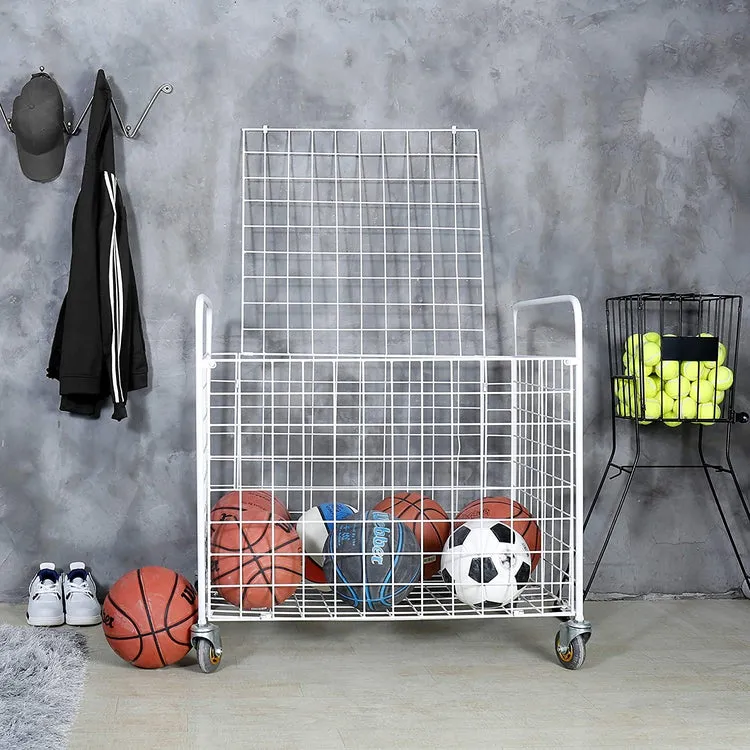 White Standard Multi Sports Rolling Ball Metal Storage Bin For Basketball, Football, Soccer Portable Equipment Cart