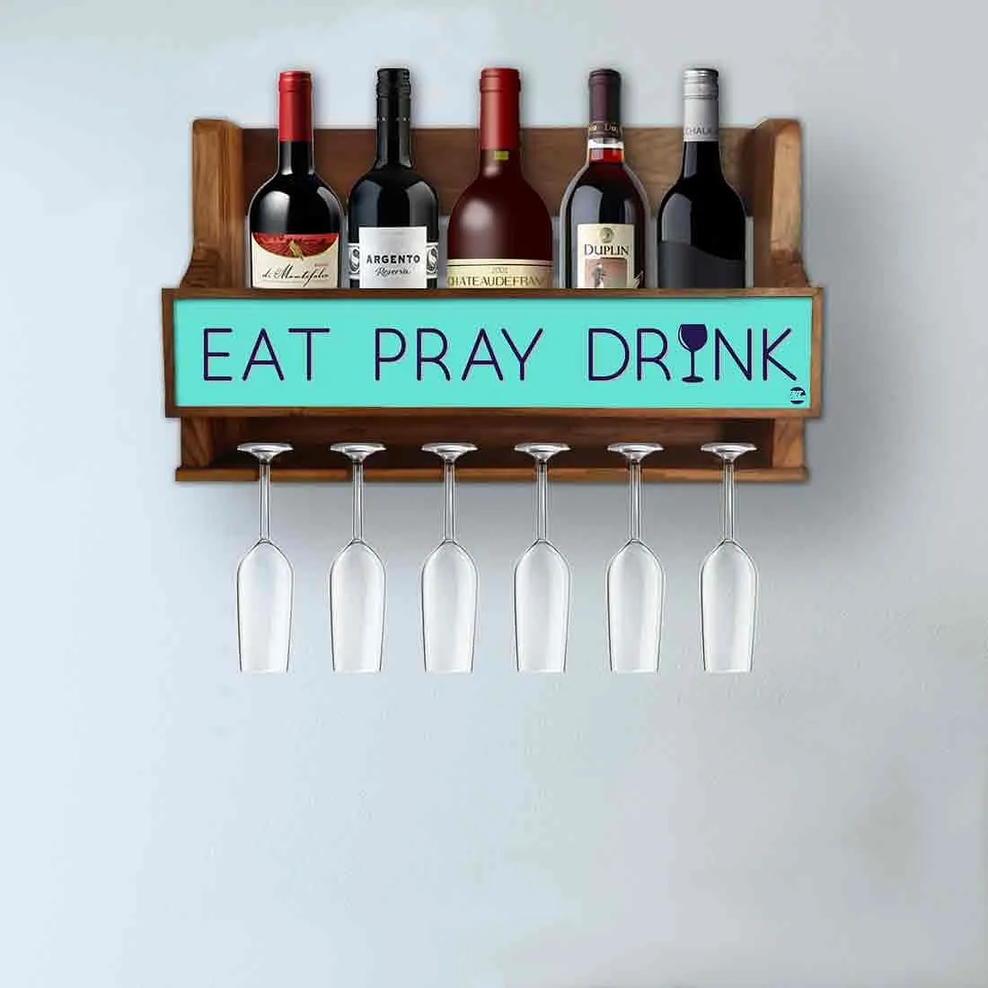 Wine Bottle Wall Rack Wooden Mini Bar Cabinet for 5 Bottles 6 Glasses - Drink