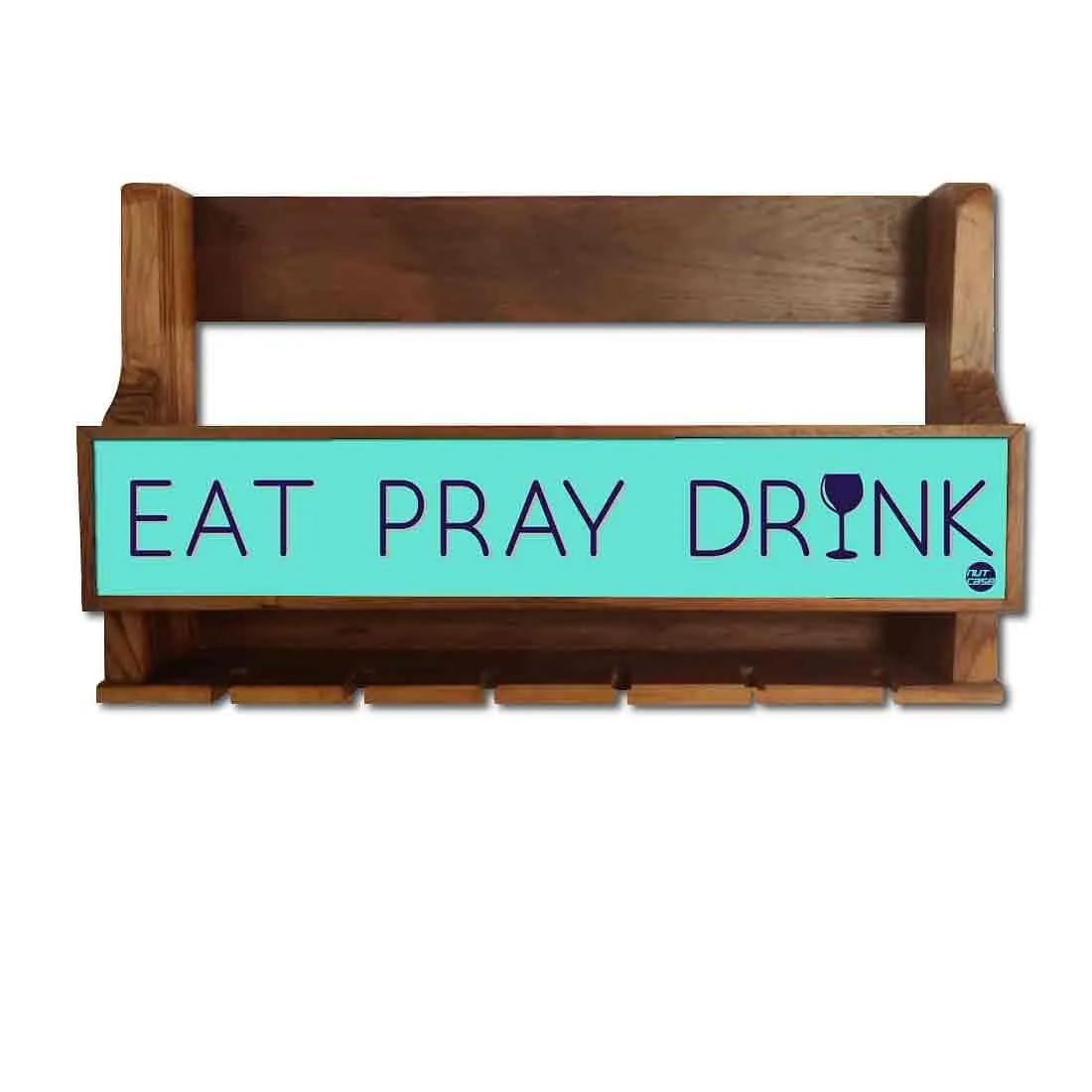 Wine Bottle Wall Rack Wooden Mini Bar Cabinet for 5 Bottles 6 Glasses - Drink