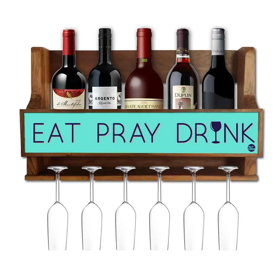 Wine Bottle Wall Rack Wooden Mini Bar Cabinet for 5 Bottles 6 Glasses - Drink