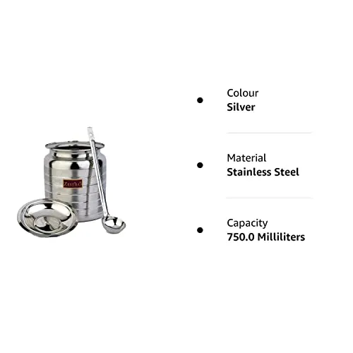 ZESTILO Oil Dispenser, Ghee Pot, Ghee Container, Oil Pot, Ghee Pot with Spoon, Platinum Finish (750 ml)