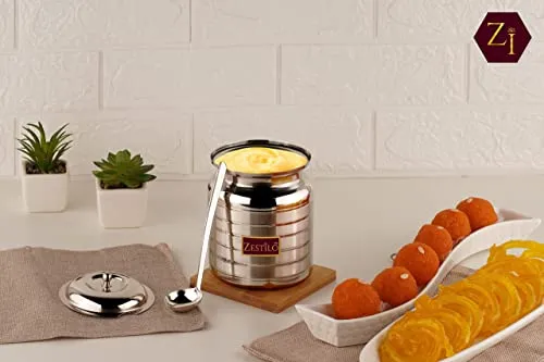 ZESTILO Oil Dispenser, Ghee Pot, Ghee Container, Oil Pot, Ghee Pot with Spoon, Platinum Finish (750 ml)