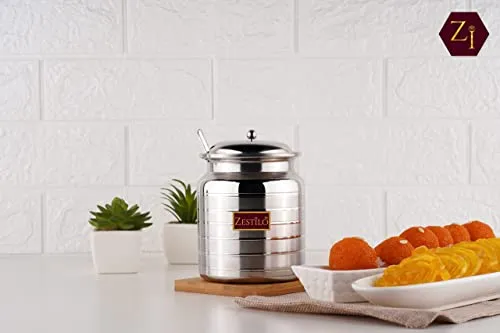 ZESTILO Oil Dispenser, Ghee Pot, Ghee Container, Oil Pot, Ghee Pot with Spoon, Platinum Finish (750 ml)
