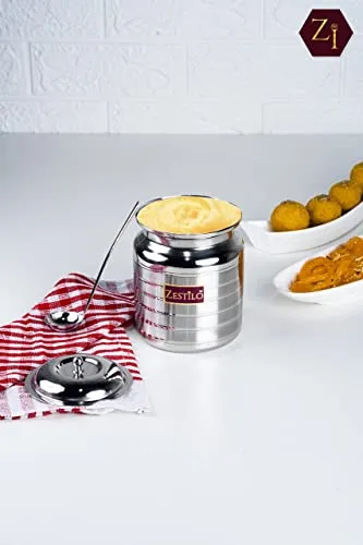 ZESTILO Oil Dispenser, Ghee Pot, Ghee Container, Oil Pot, Ghee Pot with Spoon, Platinum Finish (750 ml)